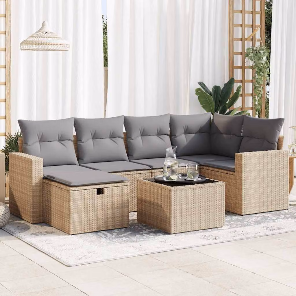 Set Divani da Giardino vidaXL 7 Pezzi in Polyrattan Beige con Cuscini e Tavolino per Terrazza e Balcone