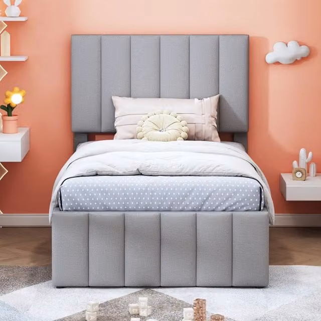Letto singolo moderno OKWISH con letto estraibile e 3 cassetti, grigio, L/P/H: 90 x 200 x 118 cm