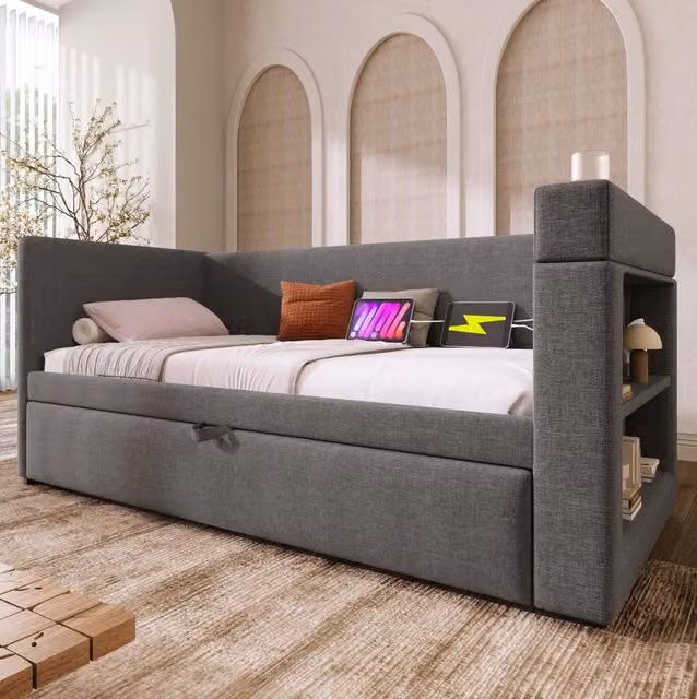 Divano letto 90x190 cm con letto estraibile e ricarica USB e Type-C in cotone e lino grigio