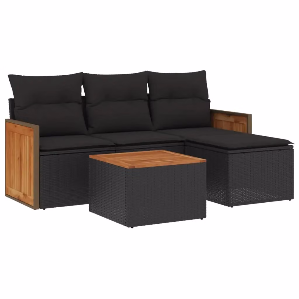 vidaXL Set Divani da Giardino a L 5 pz in Polyrattan Nero con Cuscini e Tavolino da Esterno – 2