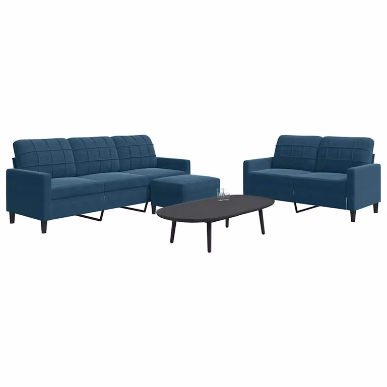 Set di divani 3 pezzi vidaXL in velluto blu con pouf e cuscini per soggiorno
