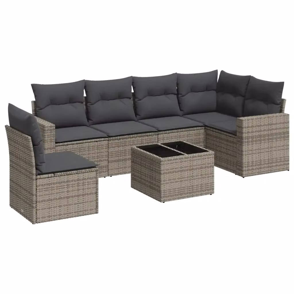 vidaXL Set Divani da Giardino 7 pz a Forma a L in Polyrattan Grigio con Cuscini e Tavolino – 2
