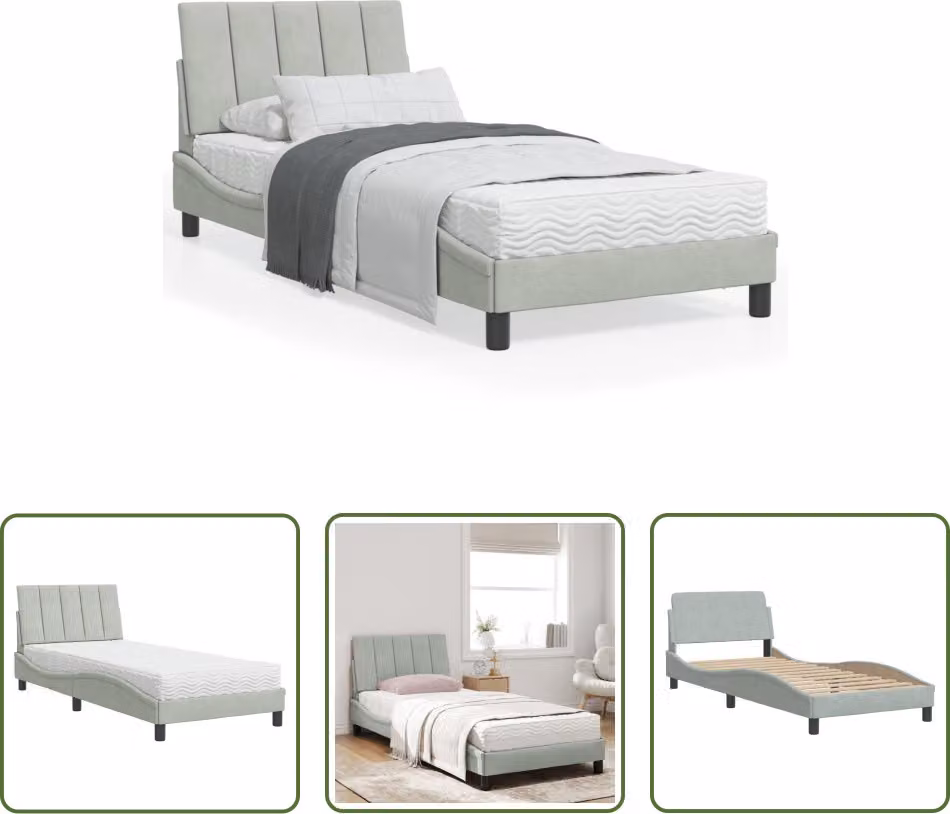 The Living Store Letto con materasso grigio chiaro 90x200 cm in velluto