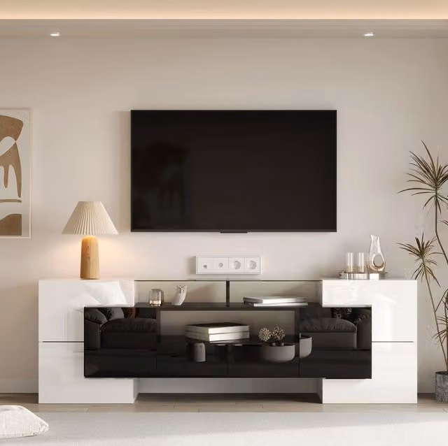 Mobile TV con LED controllabili via app; 6 ante e 2 cassetti; 200 x 35 x 60 cm; bianco e nero