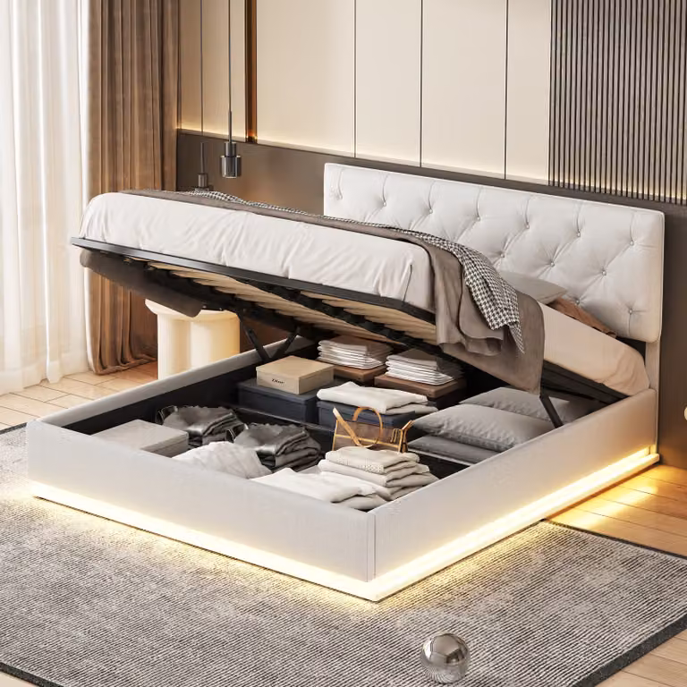 Letto 140x200cm - Contenitore - Base a doghe - Illuminazione LED e testata sollevabile - Lino - Beige