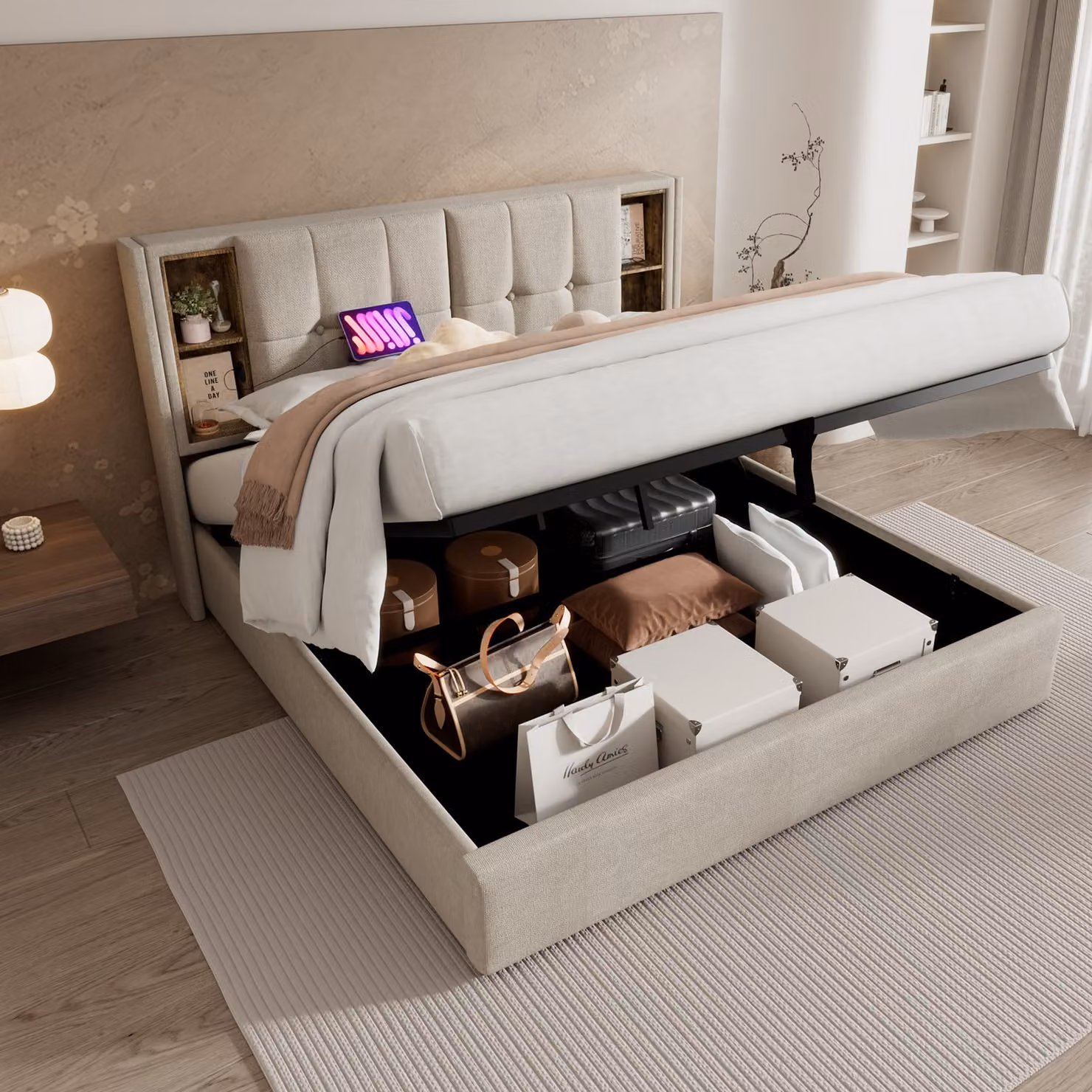 letto a molle imbottite okwish 140 x 200 cm con testata con vano contenitore e connessione di ricarica USB, letto contenitore idraulico con vano rete e illuminazione LED (senza materasso) - finitura naturale