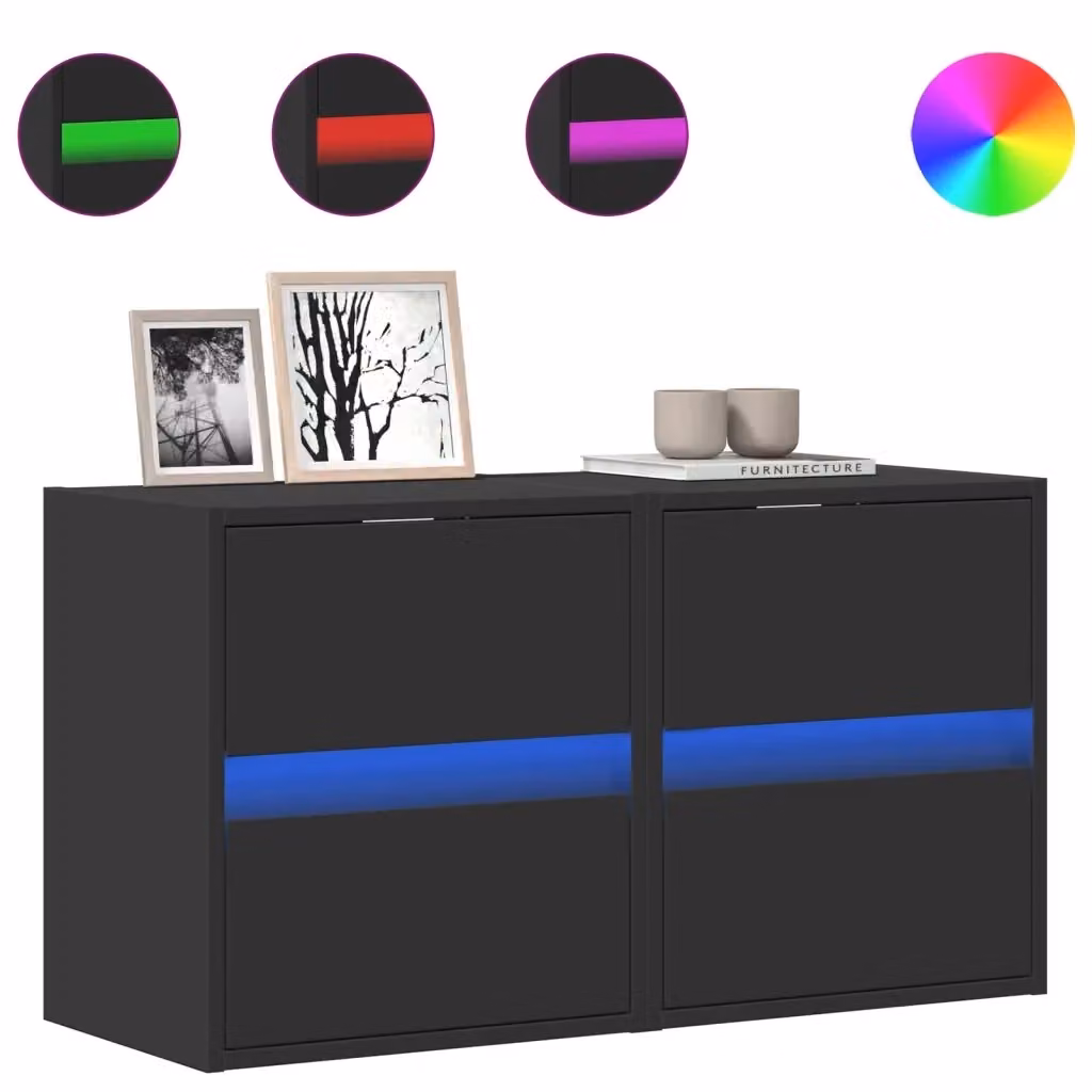 Set di 2 mobili TV da parete vidaXL neri con luci LED integrate e finitura opaca L: 41 cm, P: 31 cm, H: 45 cm – 2