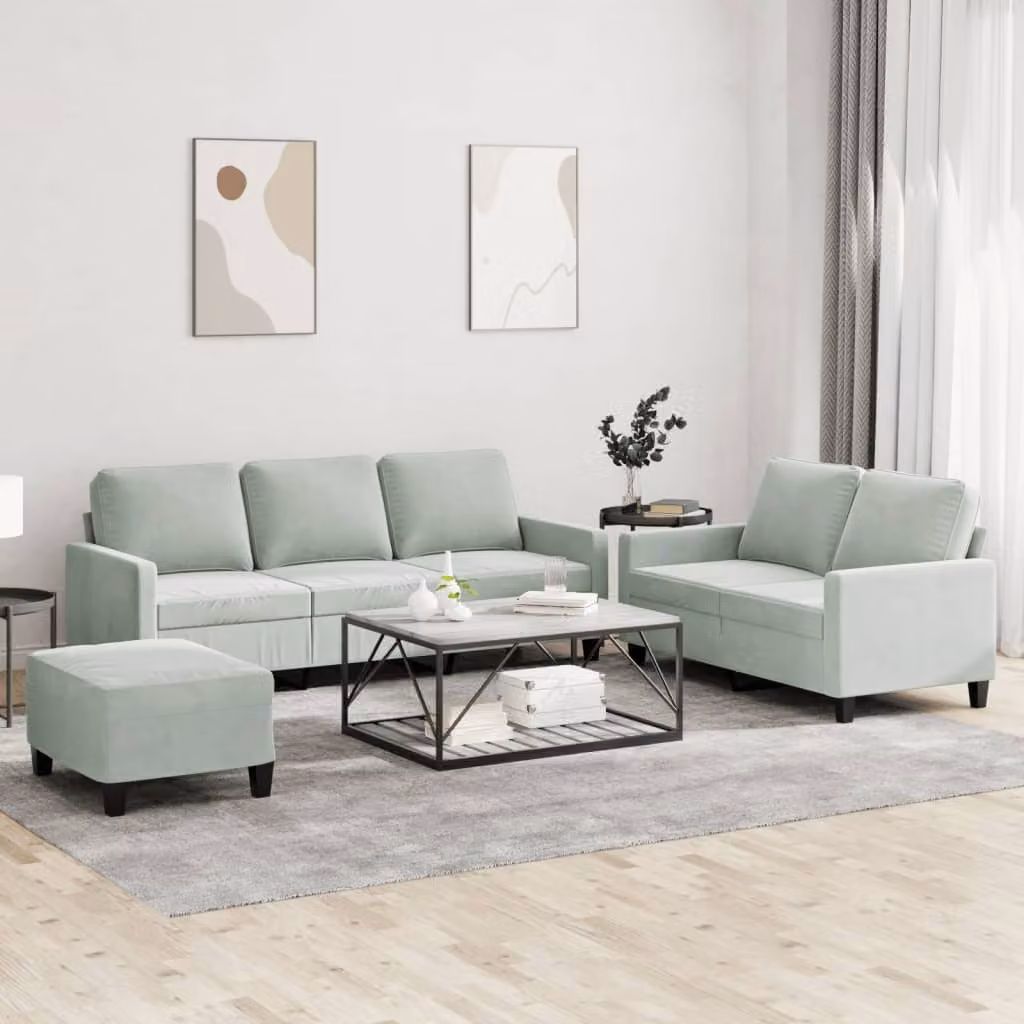 Set di divani vidaXL in velluto grigio con pouf e cuscini per soggiorno – 1