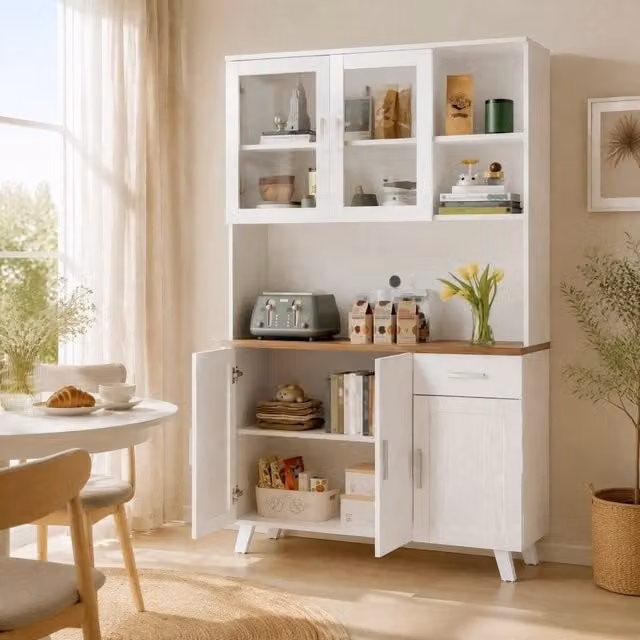 Credenza con effetto legno bianco e marrone 114x40x190 cm per soggiorno e sala da pranzo