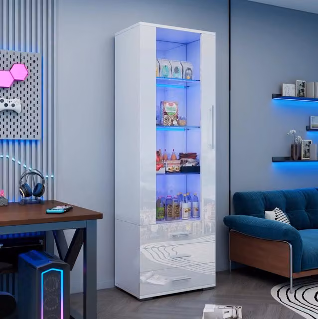 Vetrina bianca lucida 60x35x180 cm in MDF con LED e 3 cassetti
