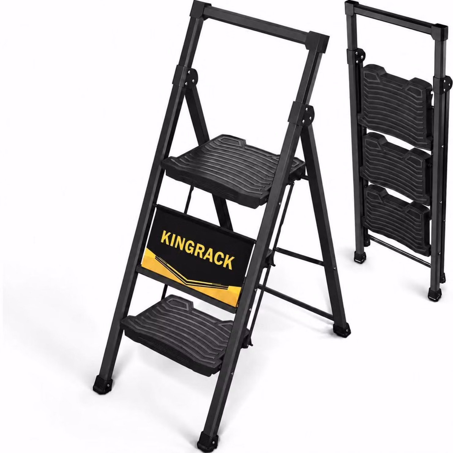 Scala a tre gradini pieghevole con corrimano, portata massima 400 kg, colore nero
