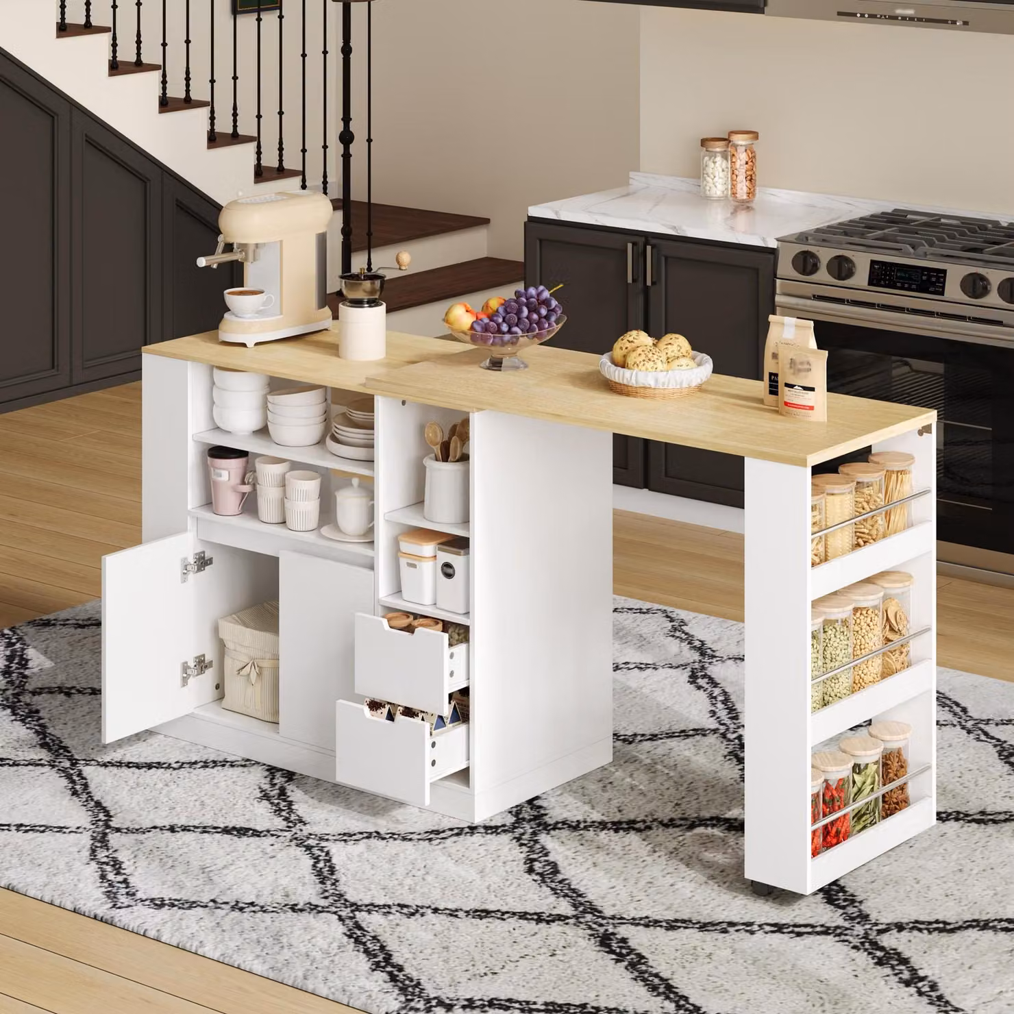MODFU cucina armadio isola di stoccaggio con tre lati scaffali e due cassetti, tavolo da pranzo allungabile con piano di lavoro estensibile, in legno, bianco + natura