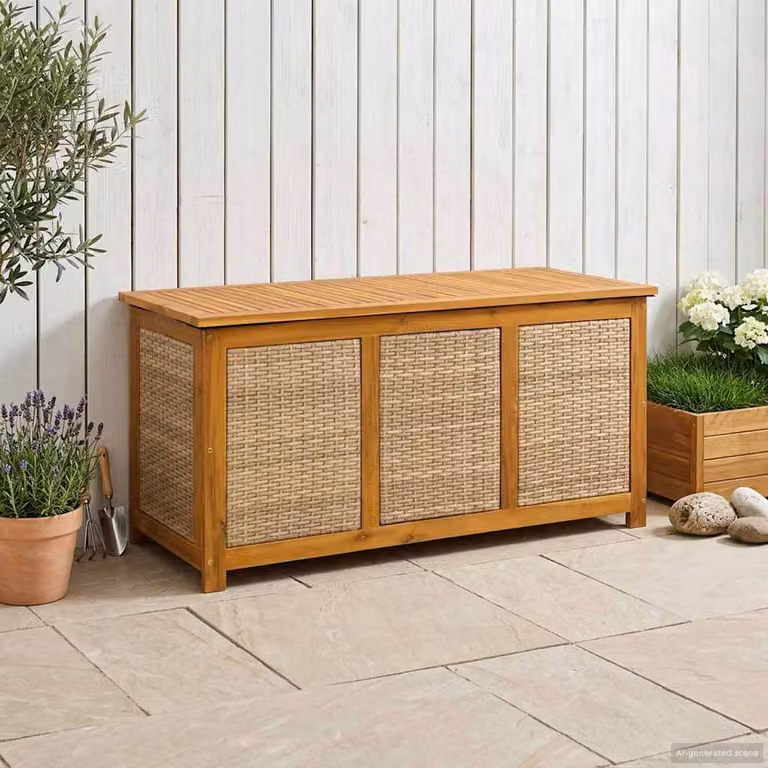 vidaXL Scatola di Stoccaggio per Giardino in Legno di Acacia Rustico, L/P/H: 113 x 50 x 56 cm, Beige/Marrone