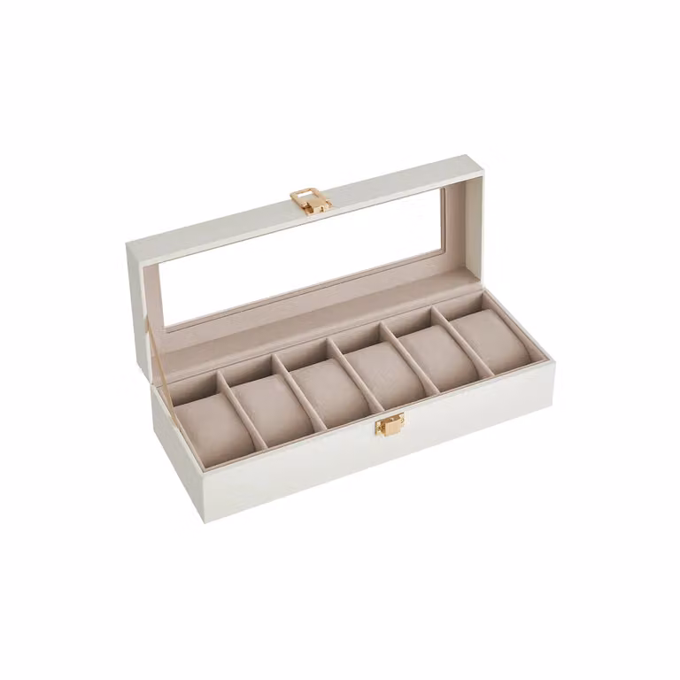 Scatola Porta Orologi con 6 Slot Marrone | SONGMICS, Superficie In Pu Bianco Nuvola + Interno Beige Cap / 6 Posti（11,2 x 30 x 8 cm ）