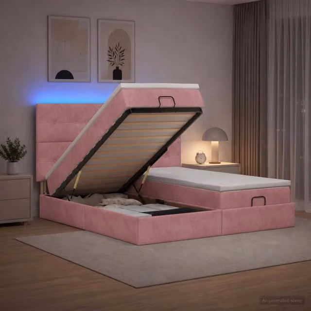 Letto Ottomano con Materasso e LED vidaXL in Velluto Rosa e Bianco con Base a Sollevamento e Porte USB L/P/H: 200 x 200 x 88 cm