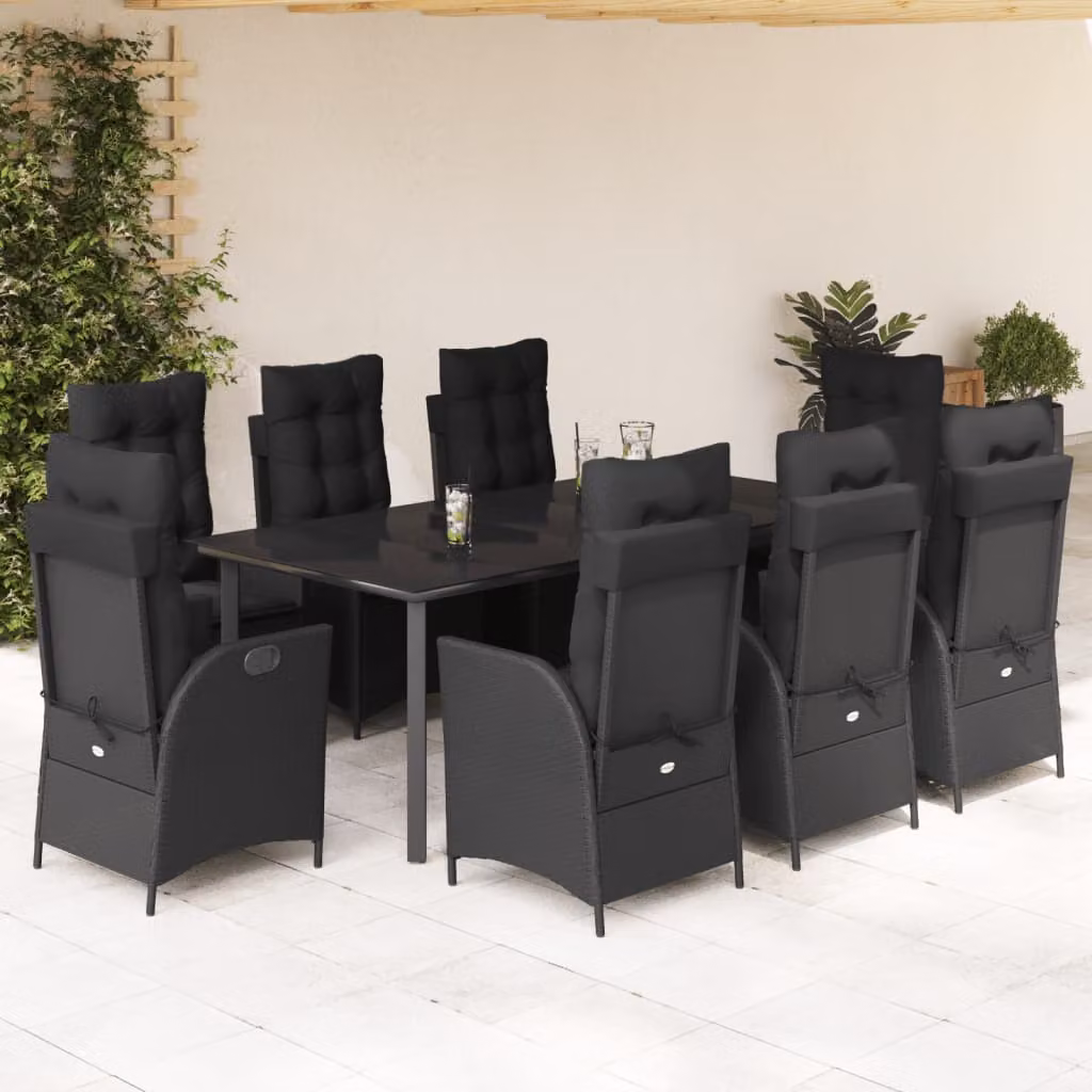 Set da pranzo da giardino vidaXL in polyrattan nero con cuscini e piano in vetro, 9 pezzi – 1