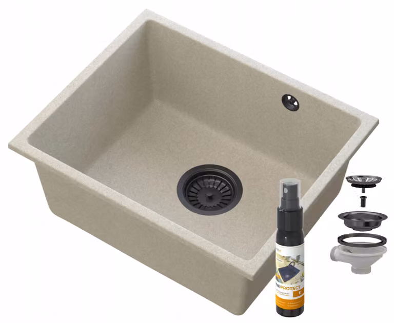 Granitan - Lavello da incasso - Lavello in granito - 50 cm - Beige - con gruppo di scarico nero - Lavello da cucina - MANADO