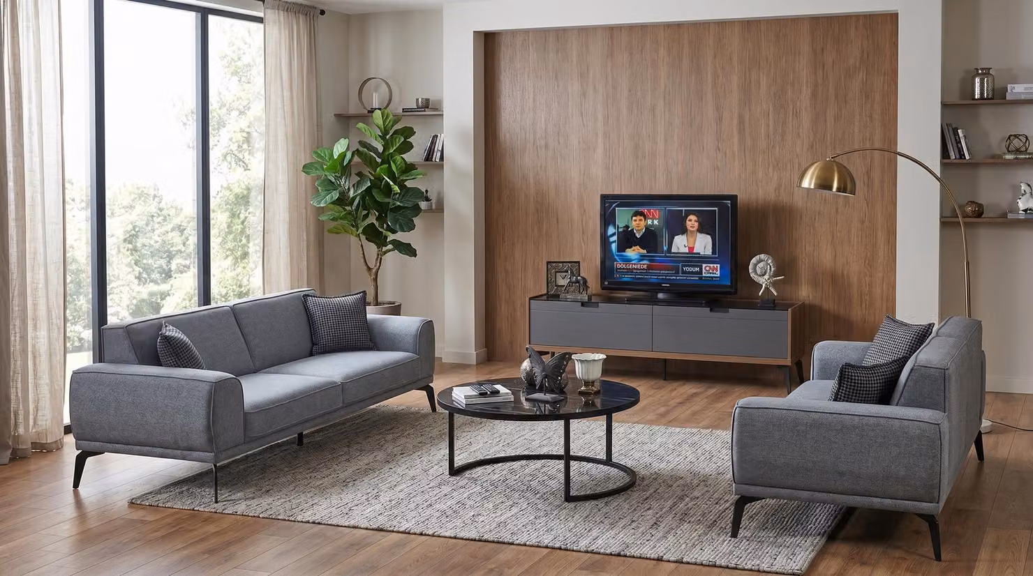 Set per soggiorno: divano a 3 posti (2 unità), tavolino, mobile TV, design moderno, colore azzurro chiaro