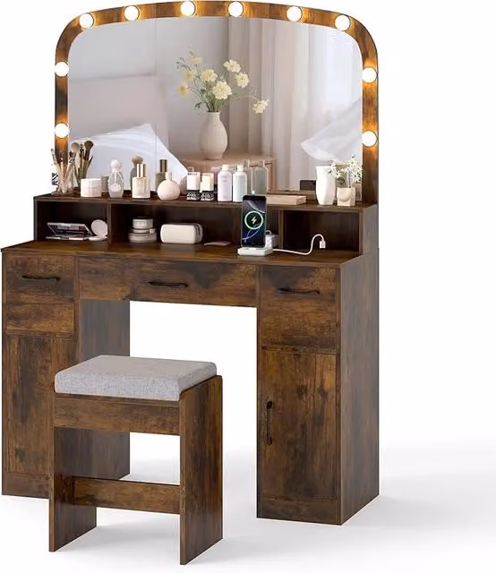 Toeletta da Trucco con 10 Luci, Set Tavolo e Sgabello da Trucco con Stazione di Ricarica, 3 Colori di Luce, 3 Cassetti, 2 Armadietti, Consolle Toeletta per Soggiorno Camera da Letto (Caffè)