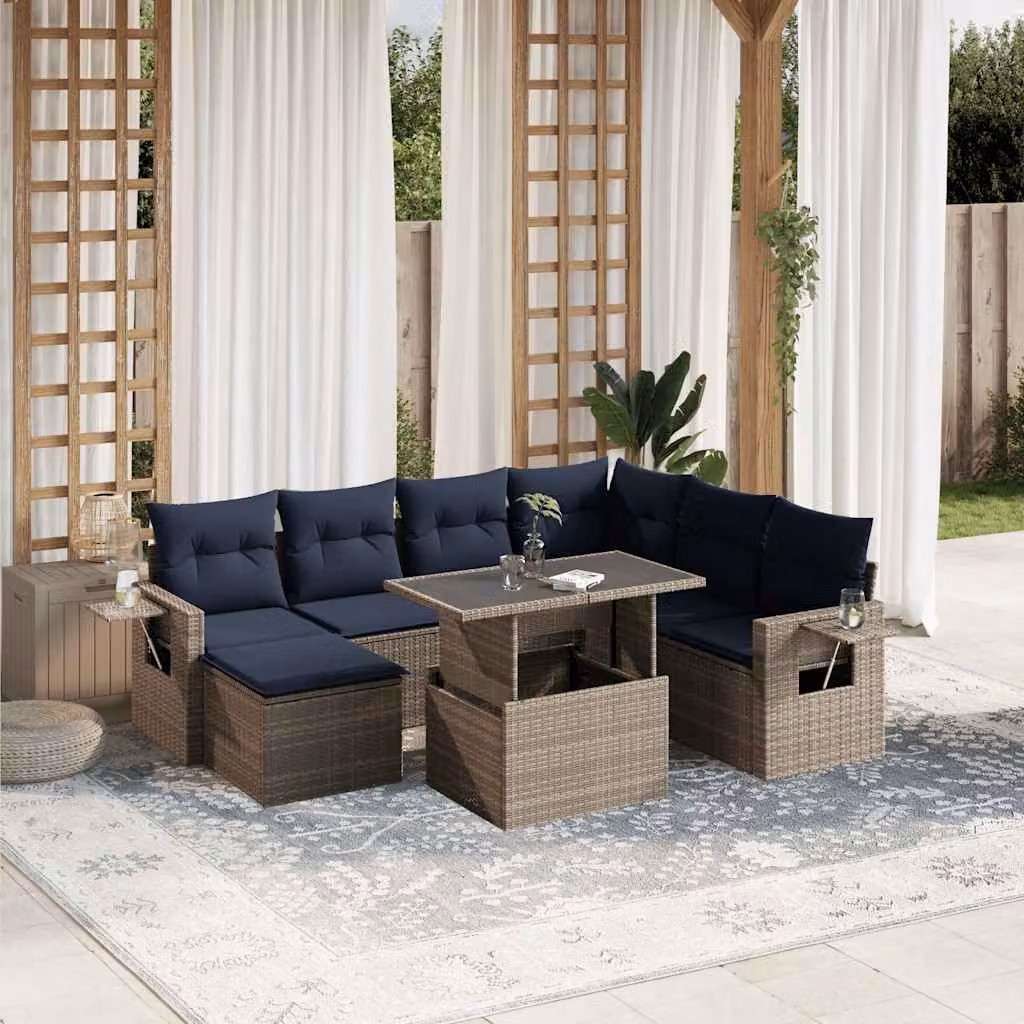 Set di divani da giardino vidaXL in polyrattan grigio con cuscini e tavolino da esterno 8 pz
