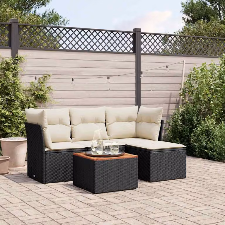 vidaXL Set Divani da Giardino 5 pz a Forma a L in Polyrattan Nero con Cuscini e Tavolino da Caffè
