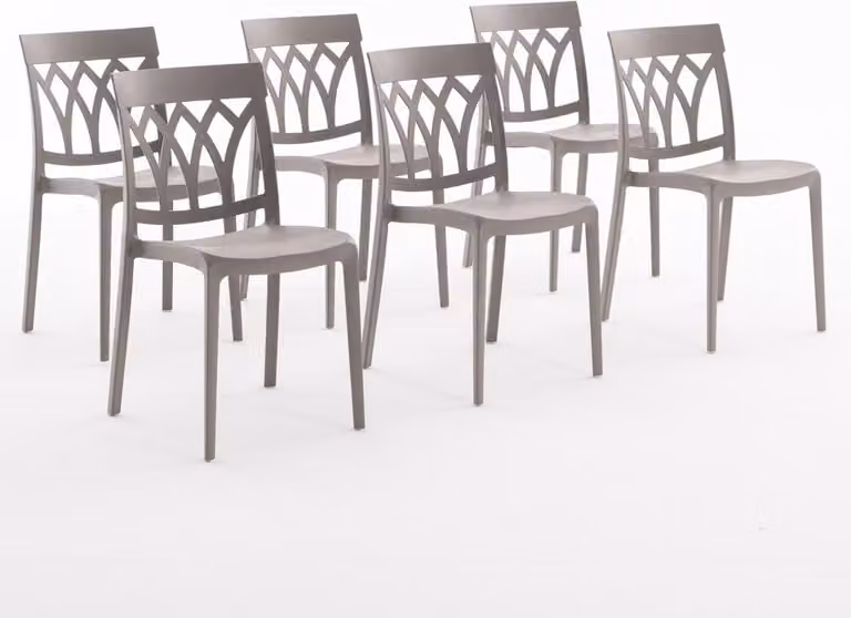 set di 6 sedie impilabili in polipropilene con fibra di vetro per uso esterno e giardino, bar e ristorante, cucina design moderno - EMMA - Tortora