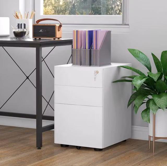 Cassettiera da ufficio MODFU in metallo bianco opaco con serratura e ruote, L: 39 cm, P: 48 cm, H: 59 cm