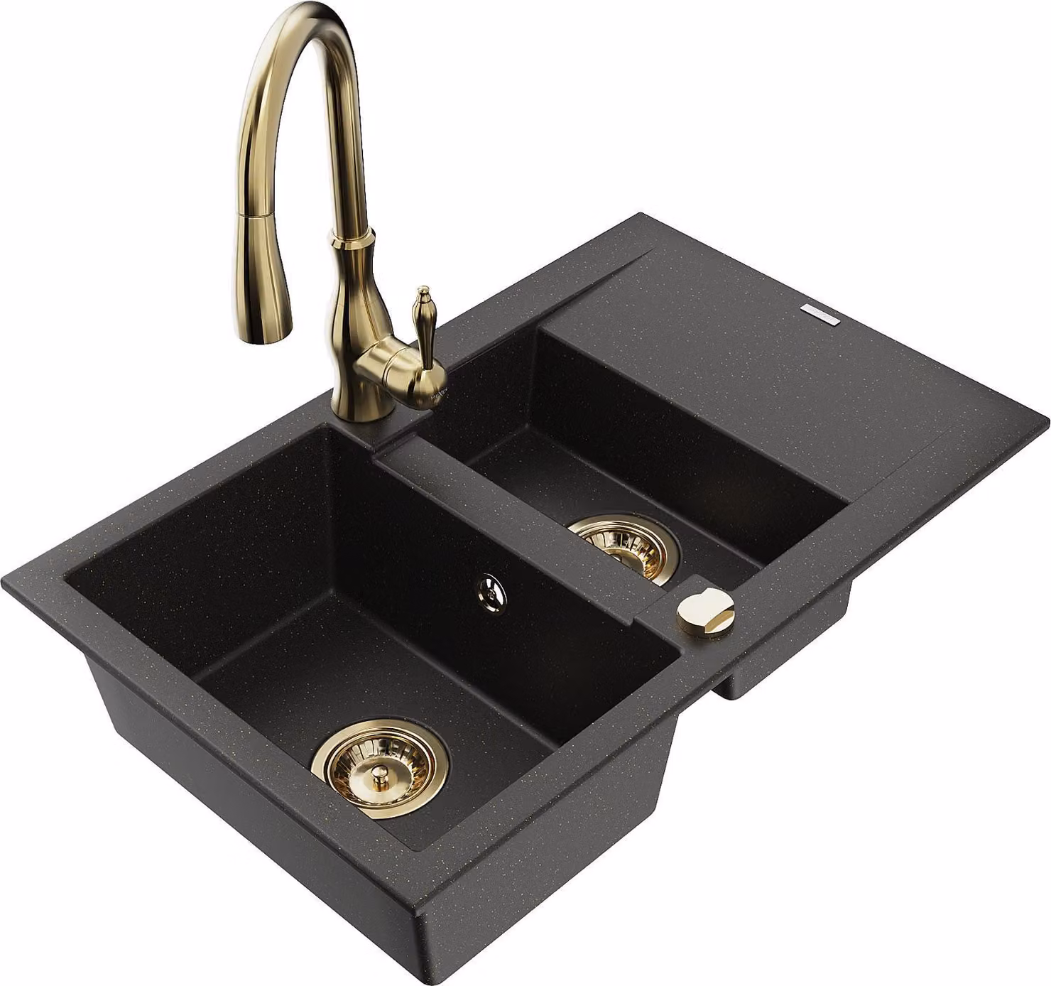 Mexen Gaspar lavello in granito 1,5 vasche con scolapiatti e miscelatore da cucina Savita, nero/oro - 6507-75-672601-50