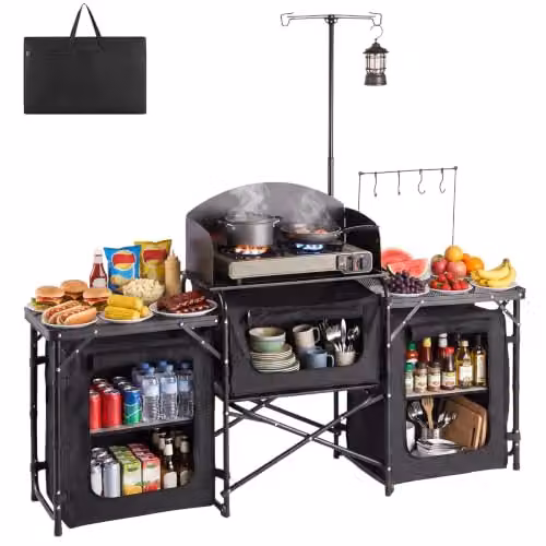 VEVOR Mobiletto Cucina Portatile Pieghevole da Campeggio, Mobiletto da Campeggio 2 Tavolini Laterali Rete Metallica Paravento Rimovibile per Fornello 3 Scomparti Portaoggetti, Stazione Cucina BBQ