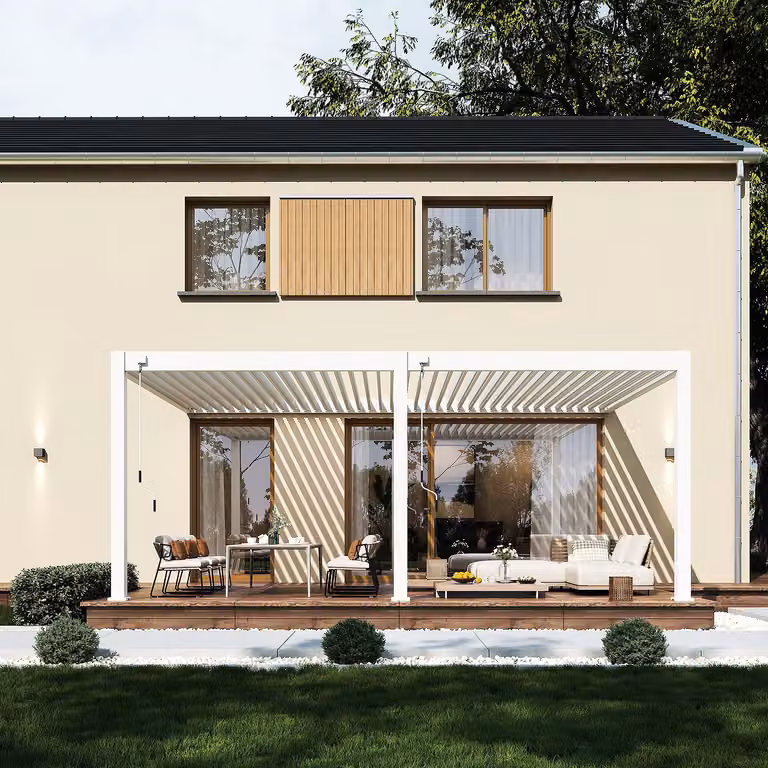 Pergola da parete Weide Deluxe Plus interamente in alluminio 4x6 m con tetto a lamelle bianco
