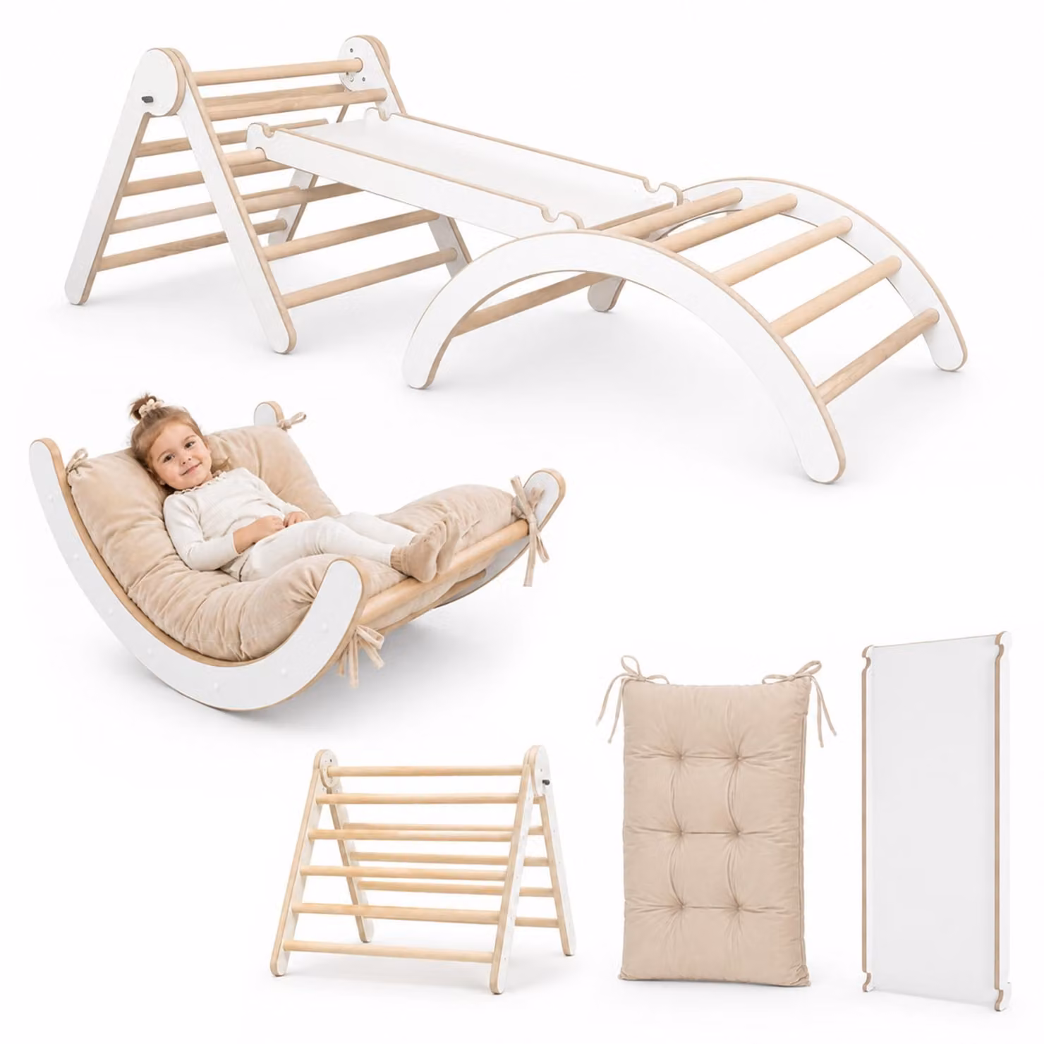 MAMOI® struttura per arrampicata triangolo interno 4 in 1 SET. Arco di arrampicata Montessori con tappetini, parco giochi indoor 1-3 anni e scivolo per bambini.