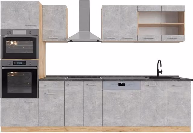 Cucina componibile moderna Vicco R-Line Calcestruzzo e Rovere dorato con armadio alto e ante in vetro, L: 300 cm