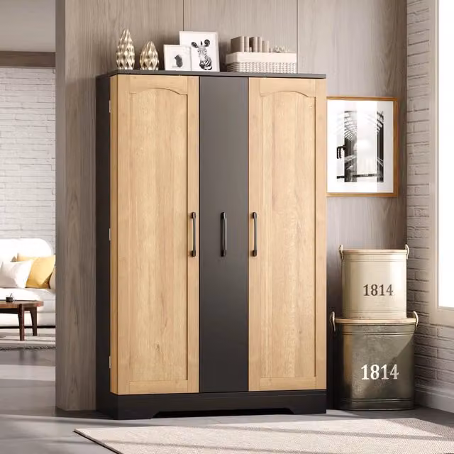 Mobile da cucina con doppie ante; estraibile verticale a 4 livelli e ripiani regolabili in MDF nero e naturale
