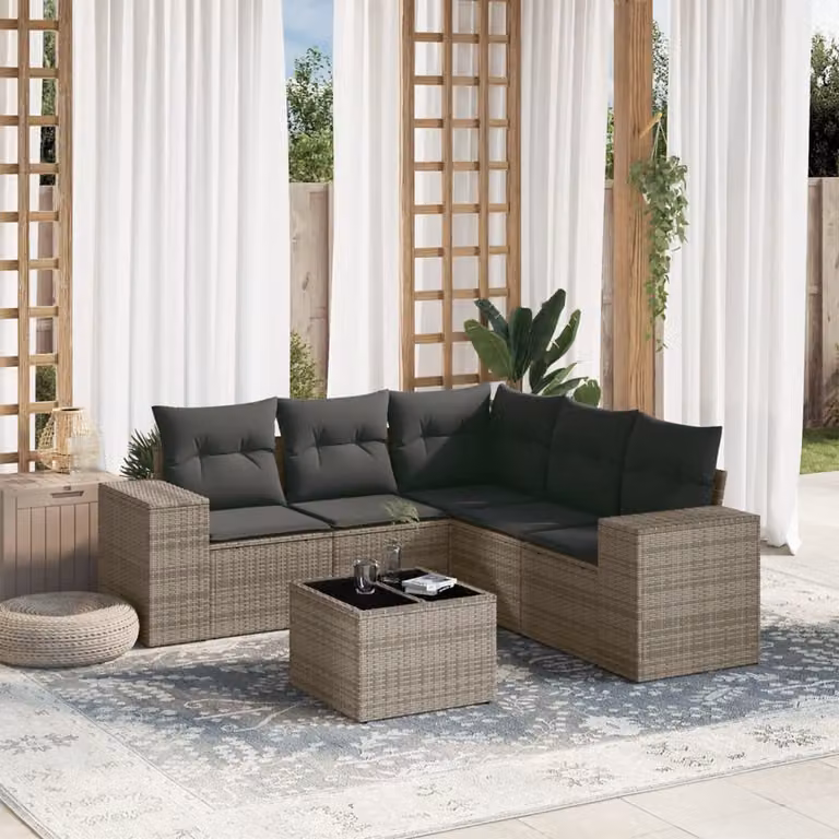 Set Divano da Giardino a L vidaXL in Polyrattan Grigio con 6 Pezzi e Cuscini Imbottiti