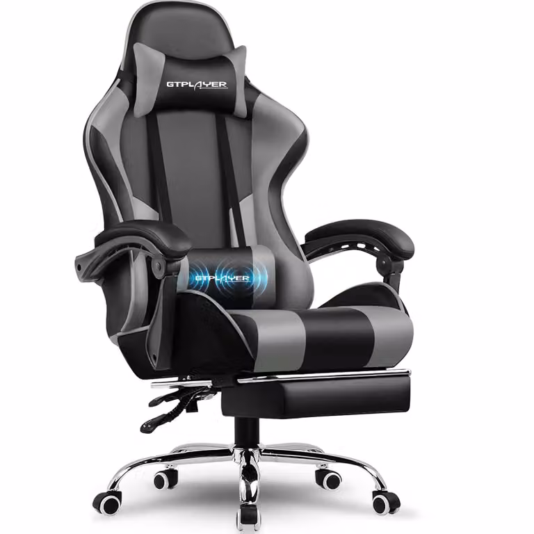 Sedia da gioco GTPLAYER, sedia da ufficio, sedia ergonomica per PC, poltrona da gioco con supporto lombare massaggiante, poggiapiedi e poggiatesta, ecopelle grigia