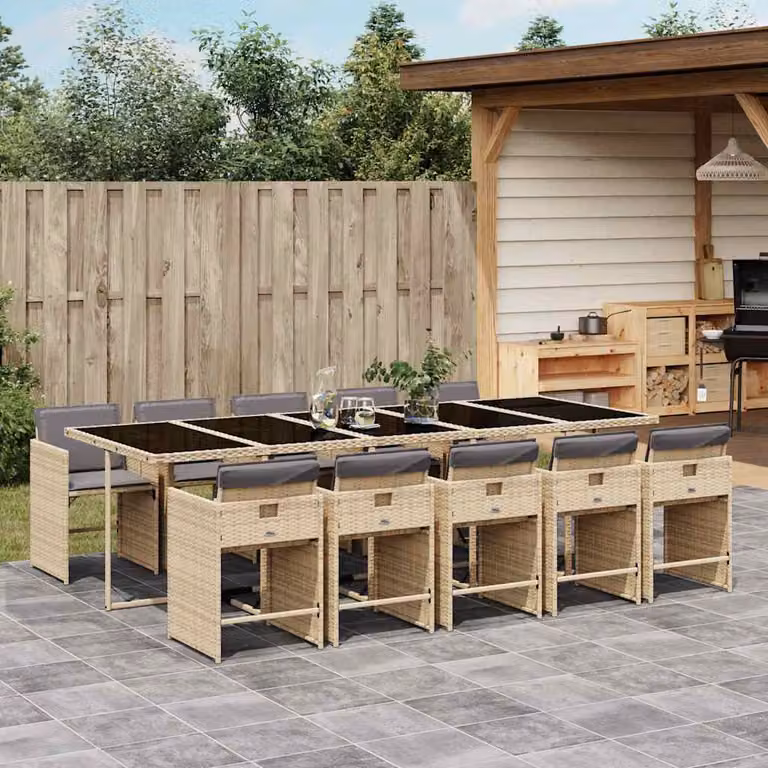 Set Pranzo da Giardino vidaXL in Polyrattan da 11 Pezzi con Cuscini Beige e Piano in Vetro