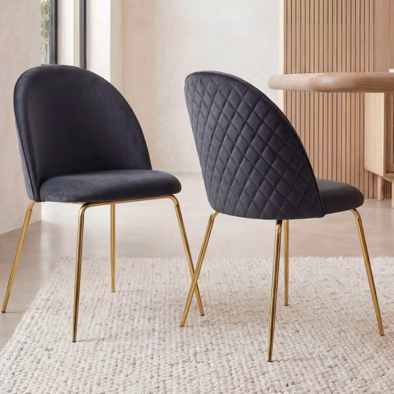 FineBuy Design Sedie da pranzo in velluto nero, set da 2 con trapuntatura, sedia da cucina moderna, sedia da pranzo con gambe dorate, comode sedie da cucina imbottite