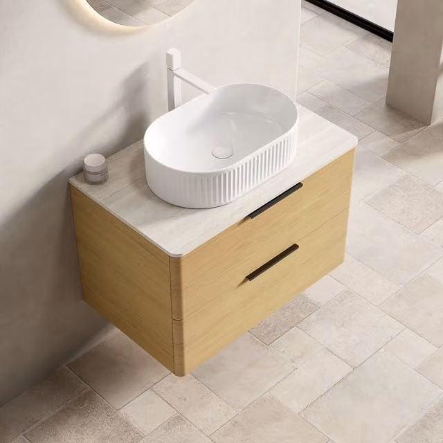 Mobile sottolavabo con lavabo ovale in ceramica e 2 cassetti piano in pietra sinterizzata beige rovere