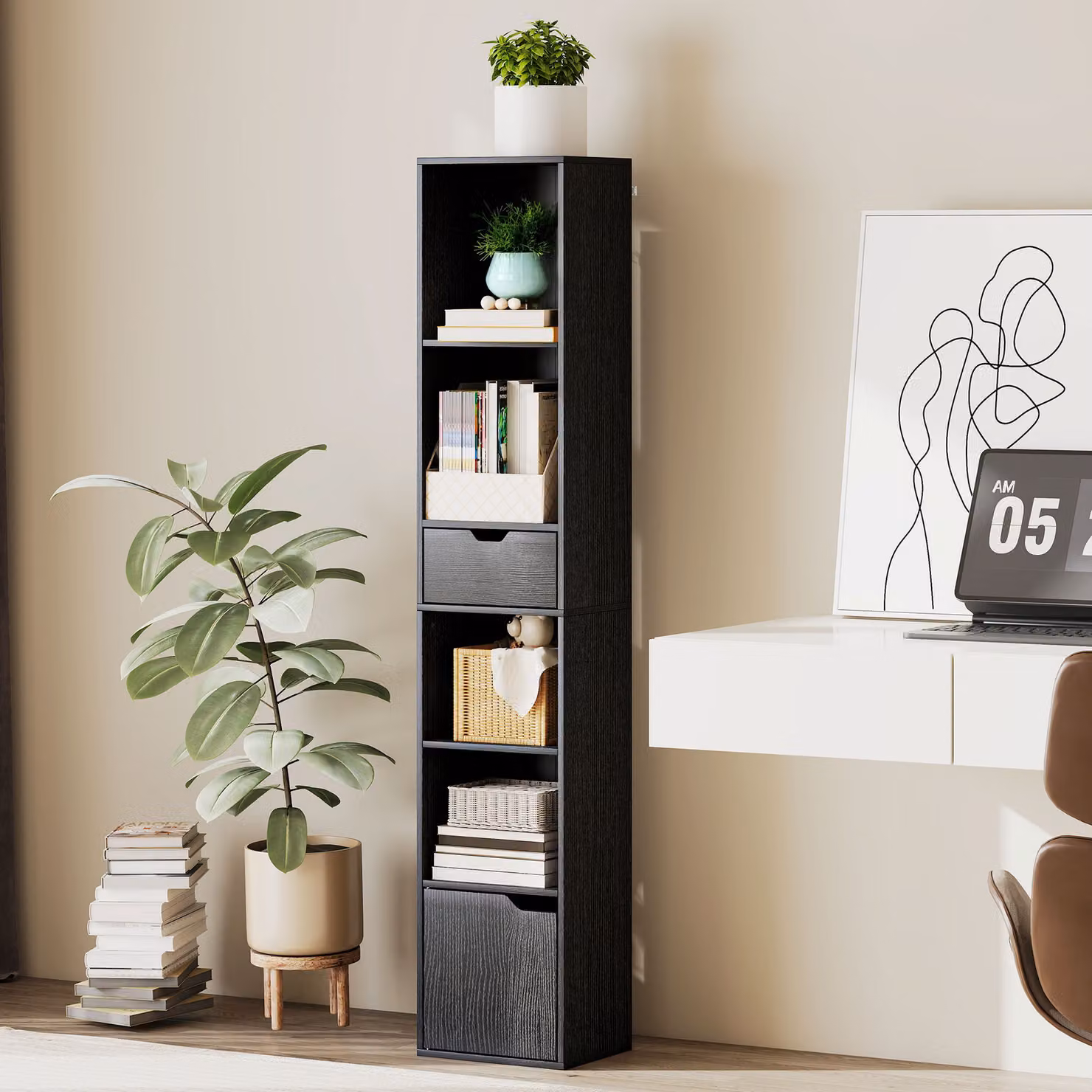 Scaffale Libreria HOMCOM con 4 Ripiani Aperti, Armadietto e Cassetto, Nero, L 30 cm x P 24 cm x H 158 cm – 2