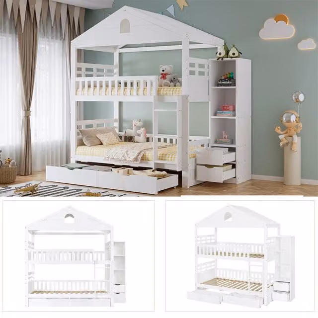 Letto a castello 90x200 cm a forma di casa; con scala; 2 cassetti e mobile laterale; bianco; per cameretta