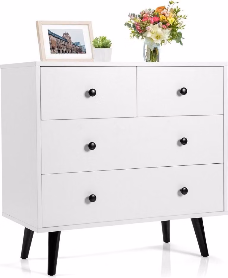 Cassettiera con 4 cassetti, credenza in legno, mobile portaoggetti moderno, bianco