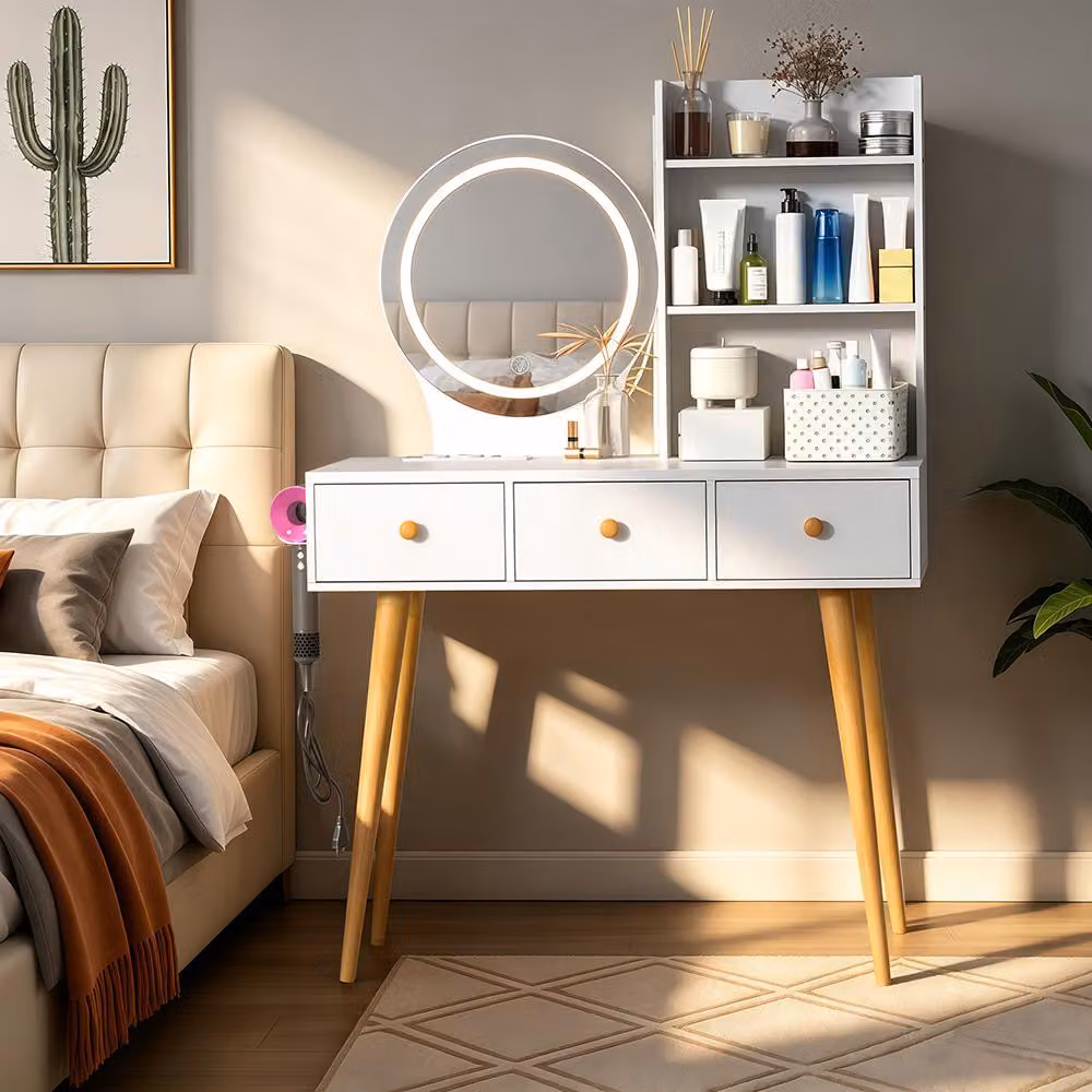 Comò da trucco con specchio a LED, dimensioni 90 x 40 x 135 cm, 3 tonalità di luce, 3 cassetti, 3 scomparti a giorno, 2 prese di corrente e 2 porte USB, supporto per asciugacapelli, colore bianco