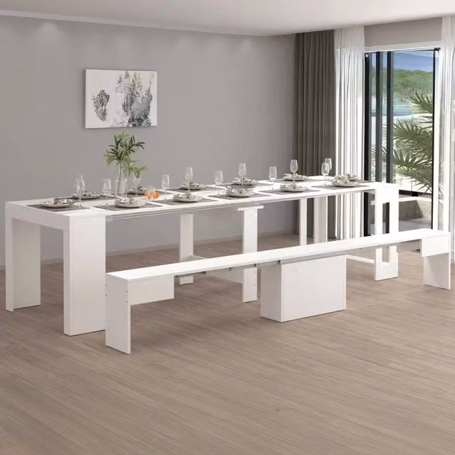 Panca Yutu singola allungabile per tavolo da pranzo, Bianco lucido, L: 300 cm, P: 25 cm, H: 45 cm