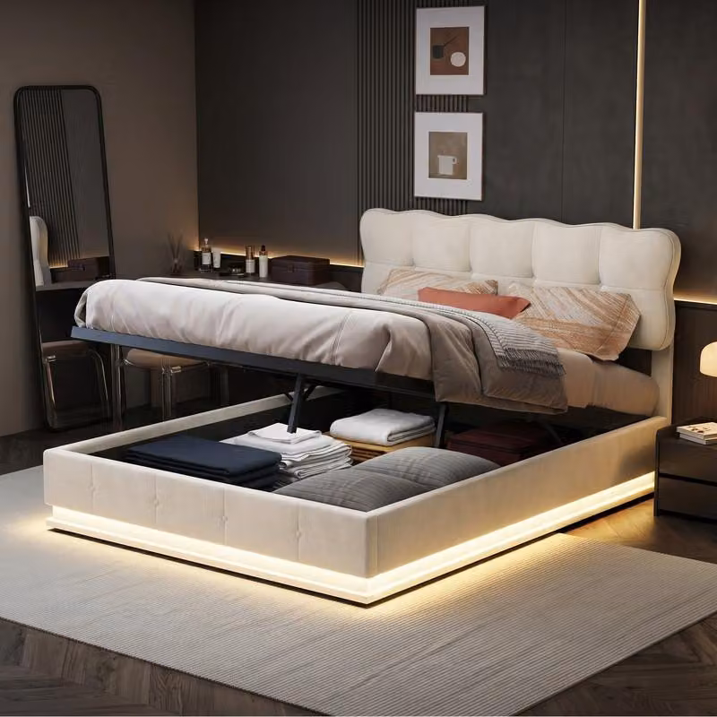 Letto matrimoniale ProximaX con molle a gas 140×200 cm – Rivestimento in velluto, letto con contenitore e illuminazione a LED nella base, per camera da letto, beige