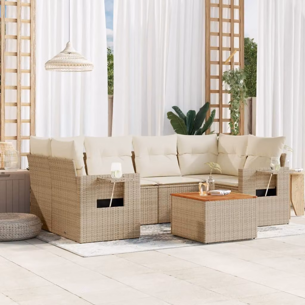 Set di divani da giardino vidaXL in 7 pezzi con cuscini beige in polyrattan e telaio in legno di acacia
