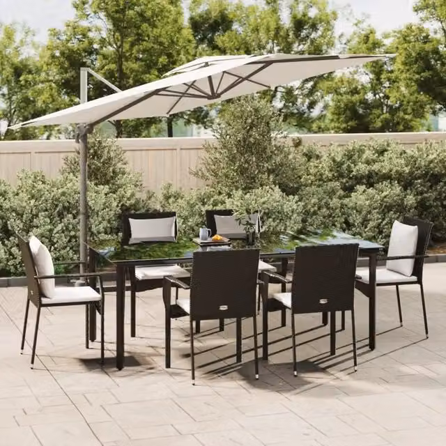Set da Pranzo da Giardino 7 pz Nero con Cuscini in Polyrattan 3185111