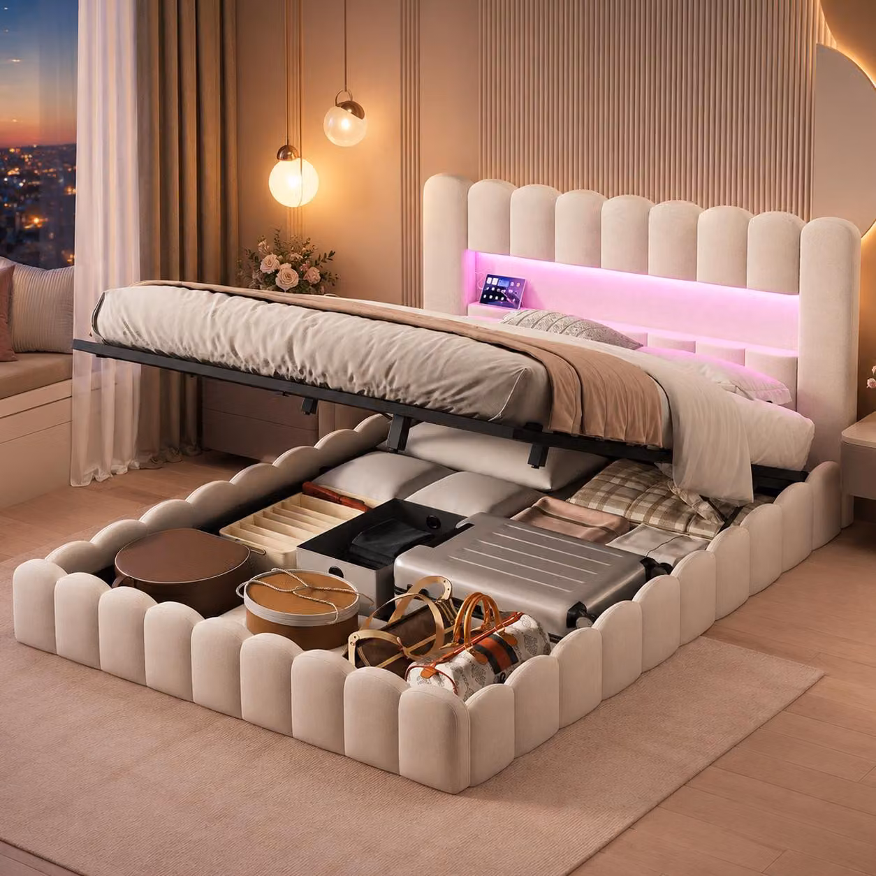 Letto imbottito INONEFT 160x200 cm con LED e porta USB di tipo C, letto con struttura a molle, rete a doghe e contenitore, letto matrimoniale con sistema idraulico per lo spazio contenitivo, color beige lino
