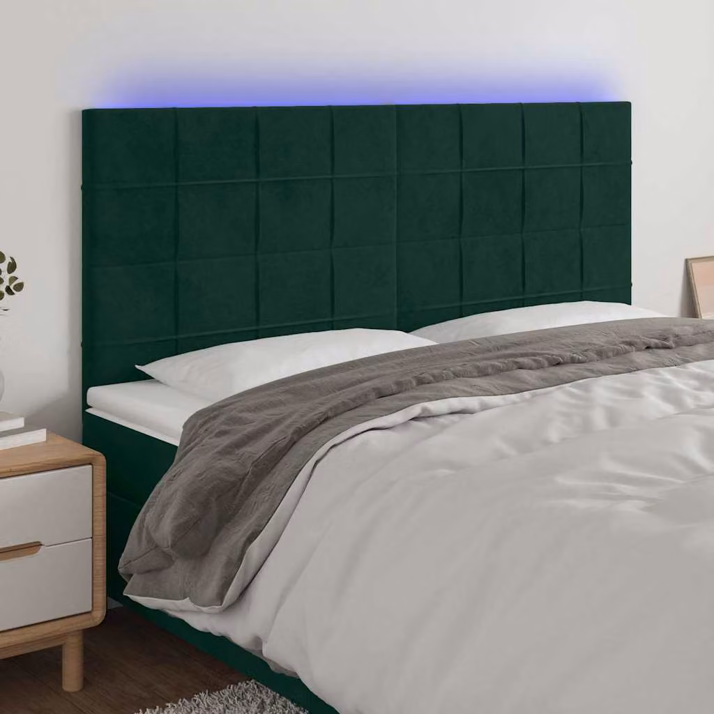 Testiera per letto vidaXL in velluto verde scuro con illuminazione LED integrata e porta di ricarica USB, L: 160 cm, P: 5 cm, H: 118-128 cm