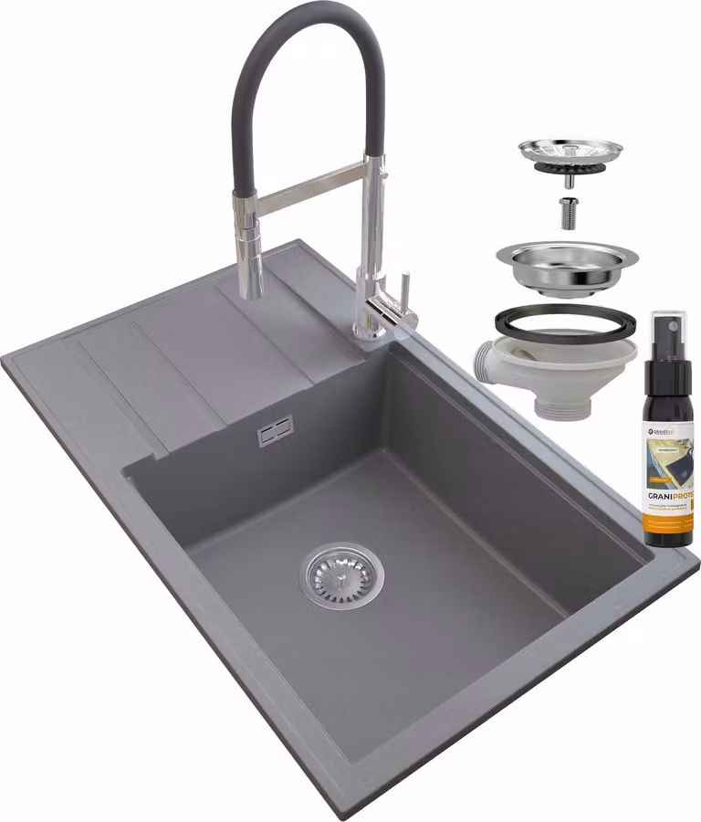 Granitan - Lavello in granito - Lavello da cucina - 80x50 cm - Grigio - con rubinetteria VENTO e scolapiatti - LOUIS
