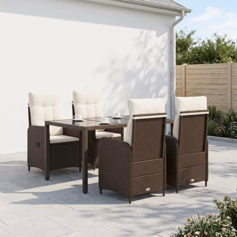 Set da pranzo per esterni vidaXL in polyrattan da 5 pezzi, Marrone e Bianco Crema, con tavolo rettangolare in vetro